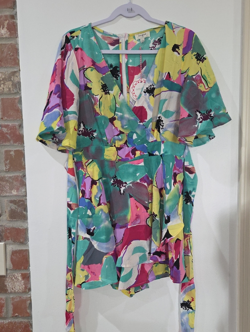 Umgee Teal Pink Yellow Floral Asymmetrical Playsuit
